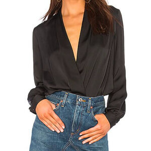 L'Academie Womens Plunge VNeck Long Sleeve Snap Bodysuit Blouse Top Black Small